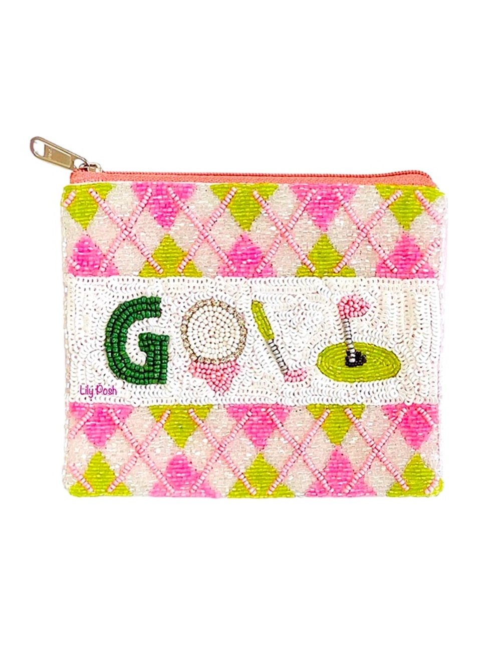 Pink Golf Cart Coin Purse, Preppy Argyle Golf Beaded Bag Lily Posh